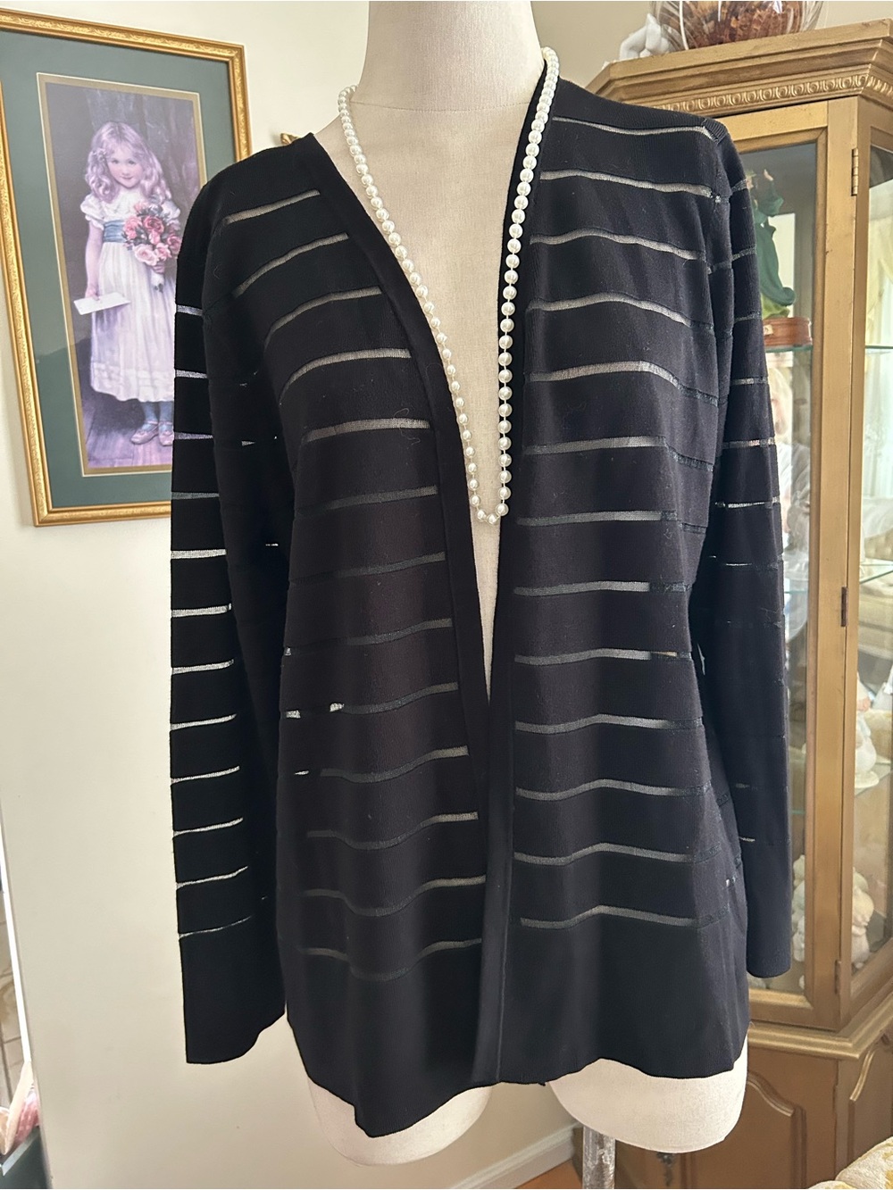 NWOT Chico’s Black Sheer Striped Cardigan SZ 2. C:417 5/26/26